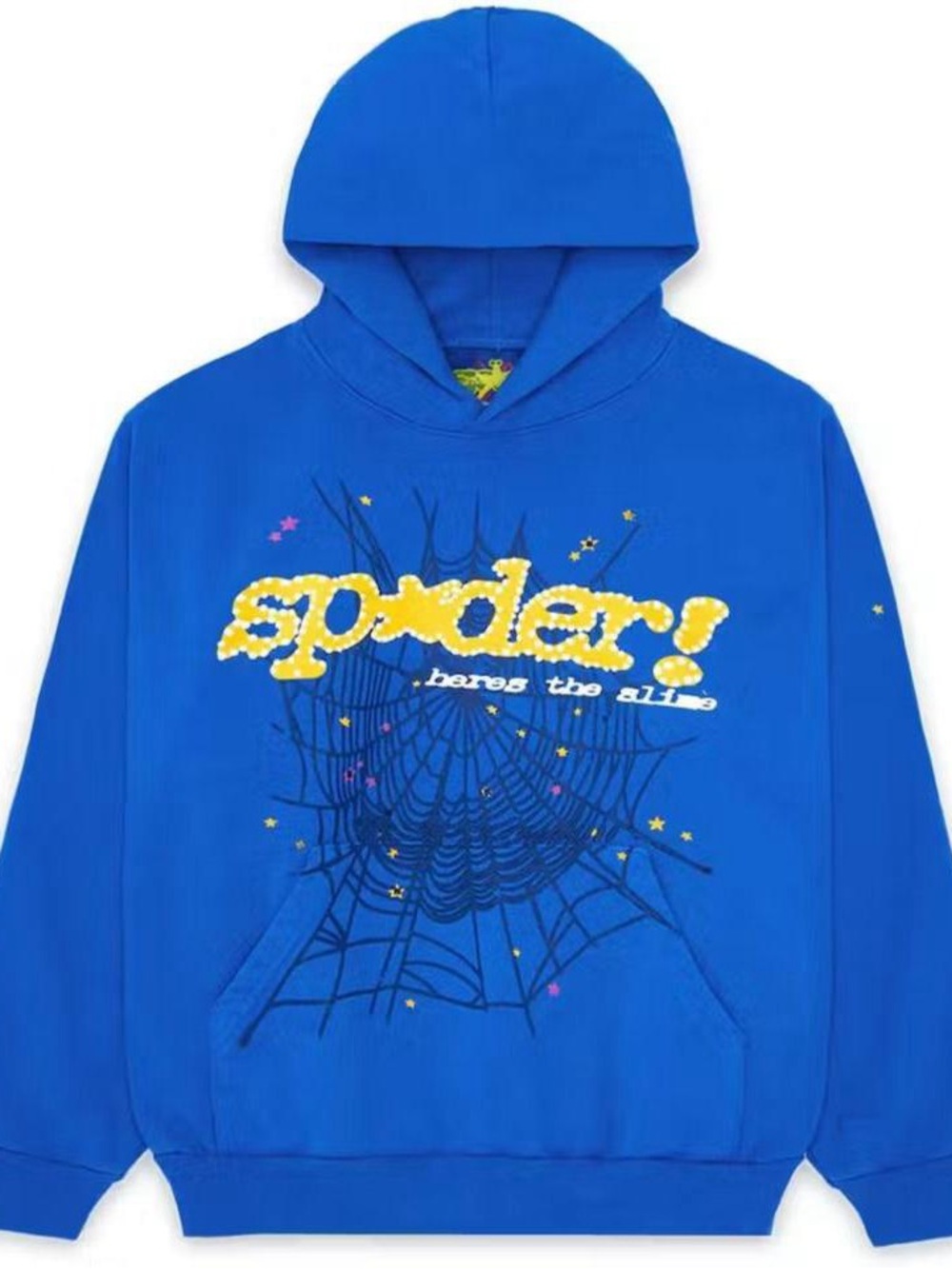 Spyder Blue Hoodie Sweater with Yellow Logo and Black Web Graphic